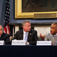 New York Police Commissioner Bill Bratton, New York Mayor Bill de Blasio and the Rev. Al Sharpton meet at City Hall July 31, 2014, for a roundtable discussion about police-community relations in the days following the apparent choke hold death of Eric Garner while in New York police custody.
Spencer Platt/Getty Images